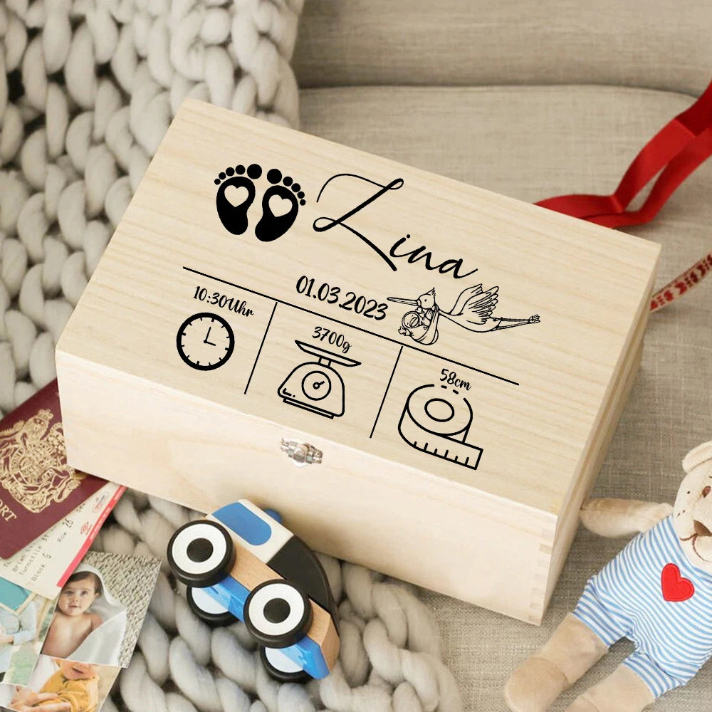 Boîte à Souvenirs en Bois Personnalisée pour Bébé - Cadeau de Naissance - Boîte à Souvenirs Personnalisée pour Nourrisson.